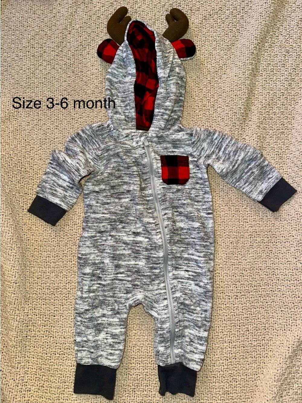 Gray Baby Hooded Romper with Red Buffalo Plaid Accent